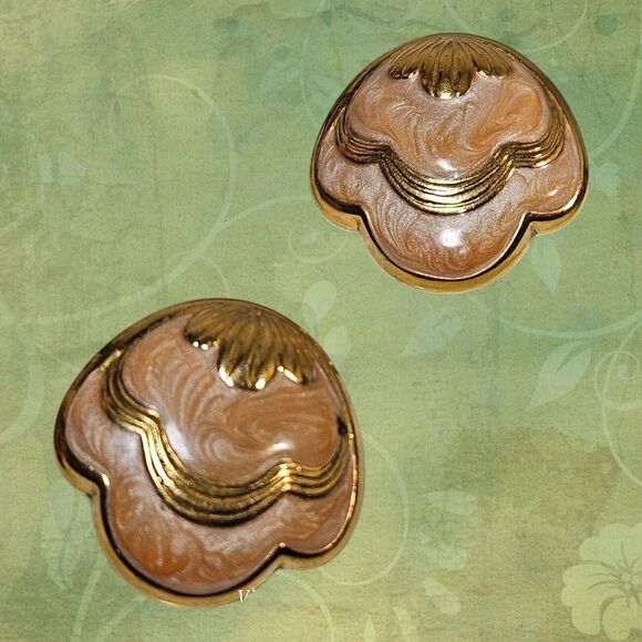 Vtg Enamel Peach Clip On Earrings Woman' Jewelry 80's Goldtone Retro Swirl Shell - Picture 10 of 11